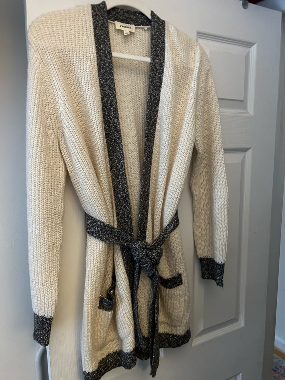 L'AGENCE Cream Cardigan with Charcoal Trim and Tie Belt - Picture 2 of 4